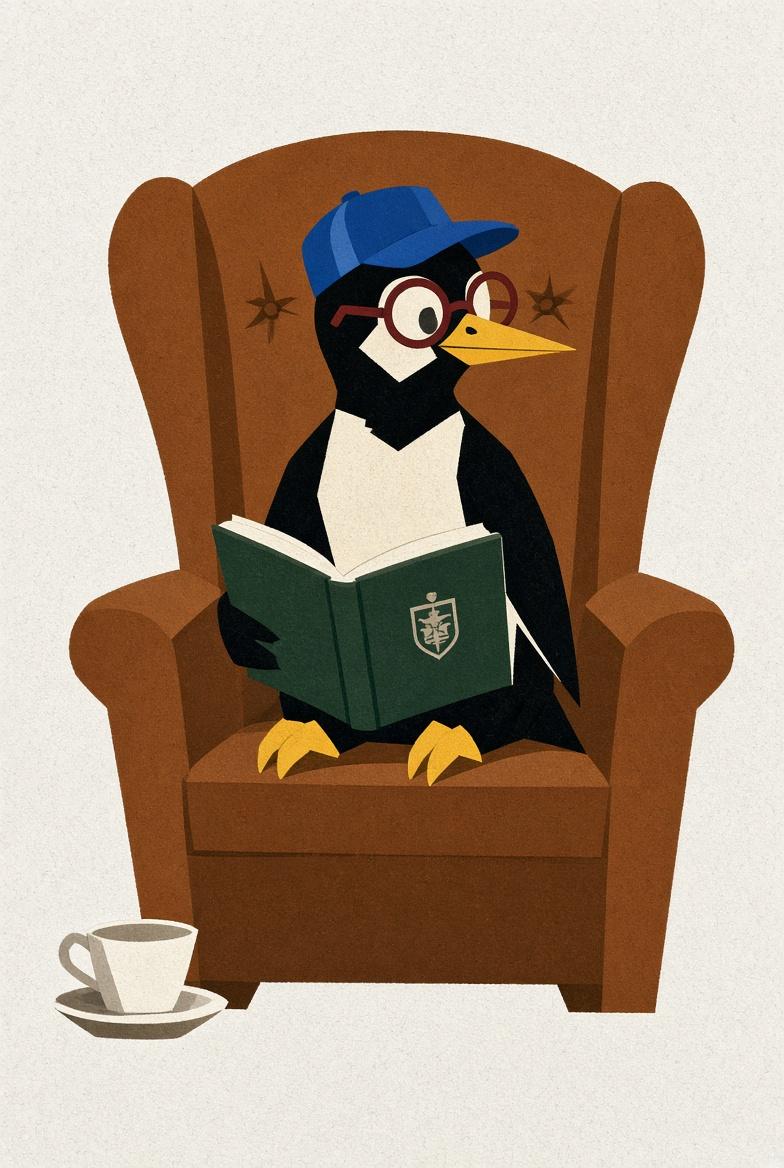 The Ferao mascot reading in a wingback chair with a cooling cup of coffee