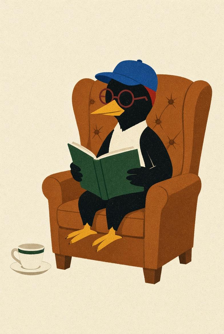 The Ferao mascot, off duty, reading in a wingback chair with a cooling cup of coffee