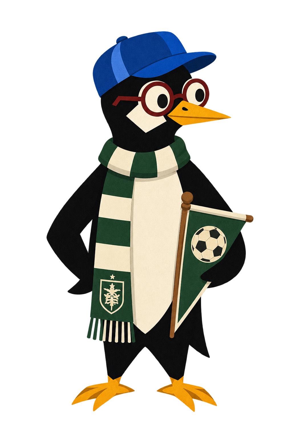 The Ferao mascot dressed for a match, in a hooped scarf and holding a pennant