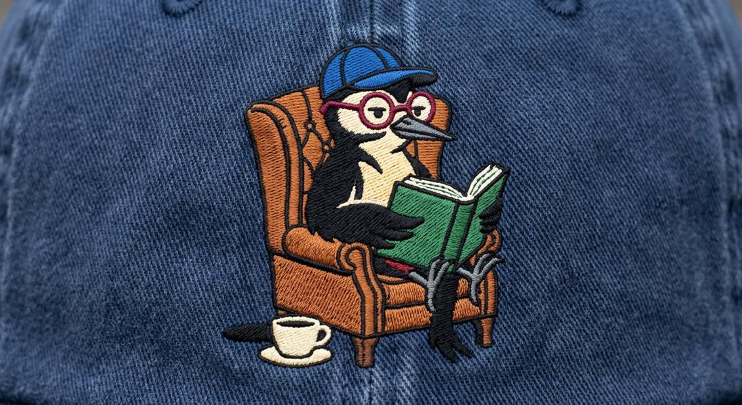 Macro detail of the embroidered mascot patch on denim